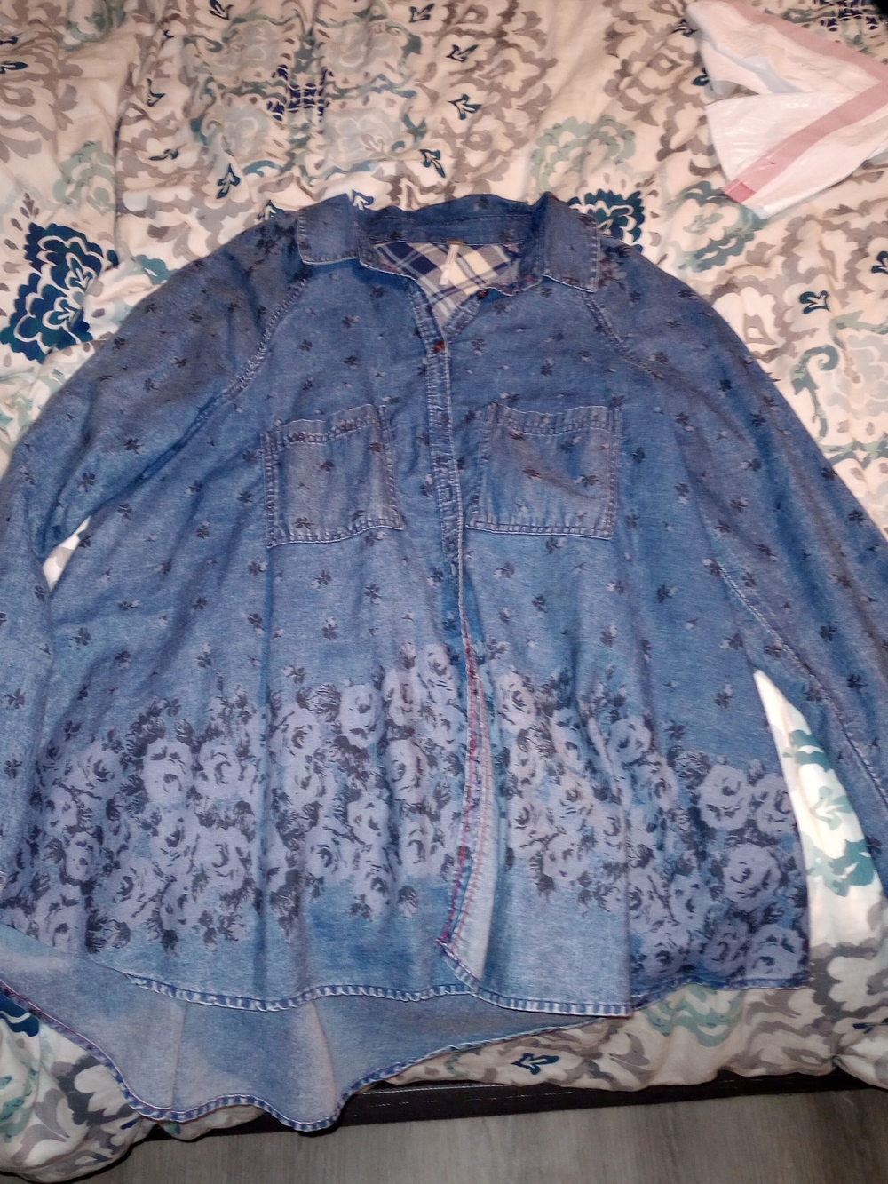 Free People Denim Blue Button-Up Tunic with Floral Border